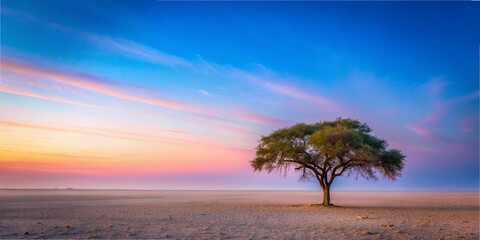 Sunset over a tree in a dry landscape with colorful sky and open space