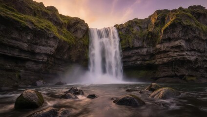 Fototapeta premium Majestic Skogafoss Waterfall in Southern Iceland at Sunset with Vibrant Sky.