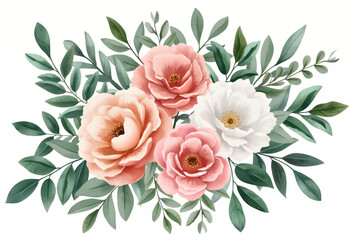 A colorful composition of pink and white flowers is surrounded by various shades of green leaves. The arrangement showcases the beauty of nature, perfect for decor or design inspiration.