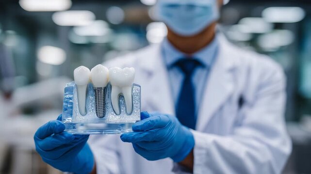 241Dentist in a bright clinic holding a detailed tooth model with a titanium implant, gloved hands presenting it toward the camera, clean modern background with subtle dental tools