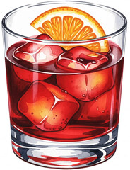 A vibrant glass filled with ice cubes and a red drink garnished with a slice of orange sits on a table. The scene captures a refreshing summer vibe perfect for enjoying leisurely moments.