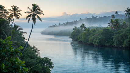 Morning light shines on calm water with trees along the shore in a tropical setting near islands and misty hills at dawn