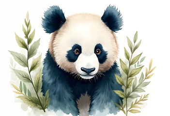 A delightful panda gazes directly at the viewer, its playful demeanor highlighted by soft green leaves framing its face, evoking tranquility and a connection to nature.