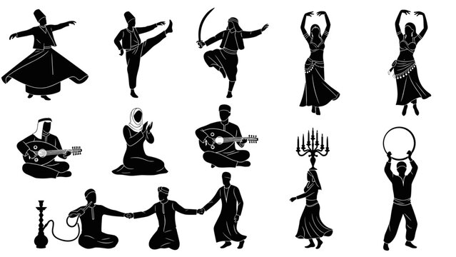 Collection of silhouettes representing various traditional middle eastern and folk dancers and musicians