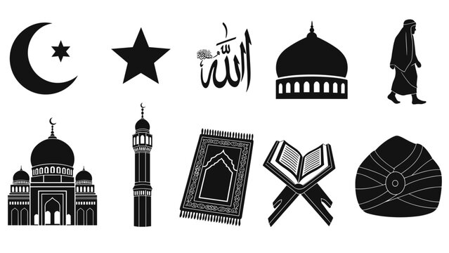 Collection of islamic and muslim religious symbols and icons mosque, minaret, crescent moon, star, allah calligraphy, prayer rug, quran