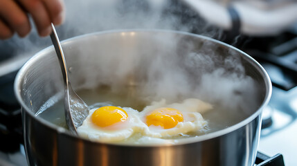 A pair of eggs are poached in a stainless steel pot on a gas stovetop, releasing steam as a utensil gently stirs the water. A simple, healthy breakfast idea.