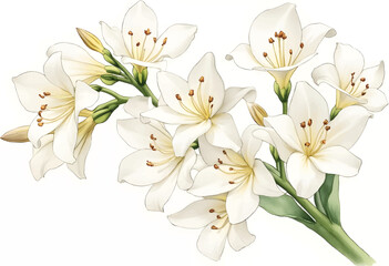 A cluster of elegant white flowers blooms gracefully with yellow undertones and brown stamens. These flowers thrive in a sunny environment, highlighting their natural beauty.