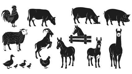 Obraz premium Collection of farm animals and poultry silhouettes rooster, cow, sheep, goat, pig, horse, donkey, llama, ducklings, chicken