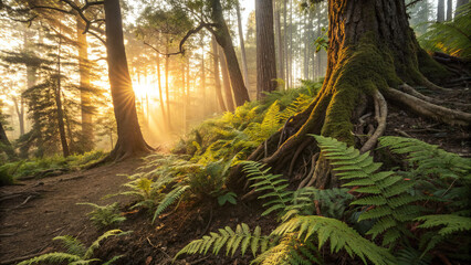 Sunlight shines through trees in a forest with ferns on the ground during early morning hours