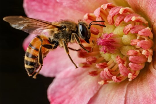 Honeybee collecting pollen from a pink flower - Powered by Adobe