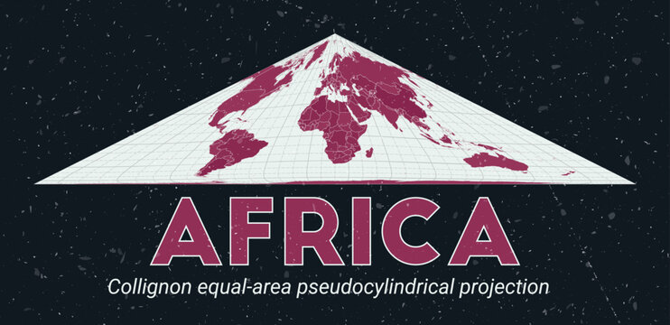 Africa. World map. Collignon equal-area pseudocylindrical projection centered to Africa. Pale Mint Dark Pink palette. Vintage texture. Appealing vector illustration.