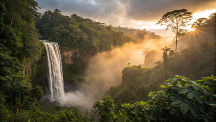 Waterfall flows down rocky cliff as sunlight breaks through clouds in lush green forest during evening hours