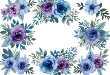 A beautiful composition of purple and blue roses intertwined with green leaves and soft blue flowers creates an elegant decor piece perfect for celebrations and invitations.