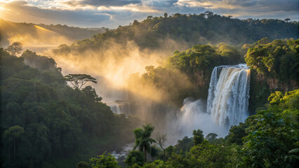Waterfall flows down rocky cliff with sunlight shining through trees in forest at dawn in South America