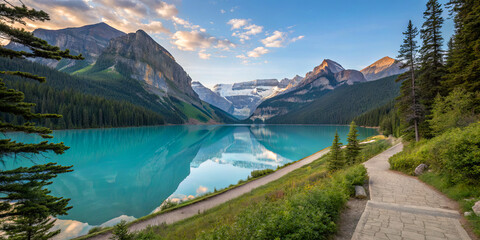 Mountains reflect in the clear water of a lake at sunrise near a walking path surrounded by trees