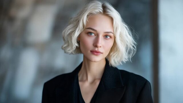 248Modern portrait of platinum blonde woman in tailored black attire, clean studio backdrop with high-end fashion aesthetic