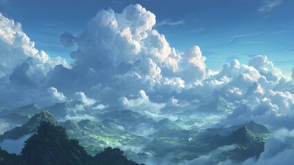 Fototapeta premium Birds-eye view of a whimsical green landscape with winding valleys and endless fields 