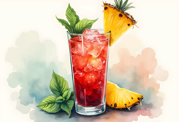 A bright and colorful tropical drink is served in a tall glass filled with ice. Mint leaves and fresh pineapple slices add an inviting touch to this refreshing beverage.