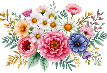 A beautiful arrangement of various flowers showcases vibrant colors and delicate petals. Included are peonies, daisies, and wildflowers, surrounded by lush green leaves.
