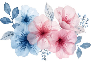 A colorful display of pink and blue flowers intertwined with soft green leaves and small berries creates a lively and fresh composition, perfect for nature lovers.