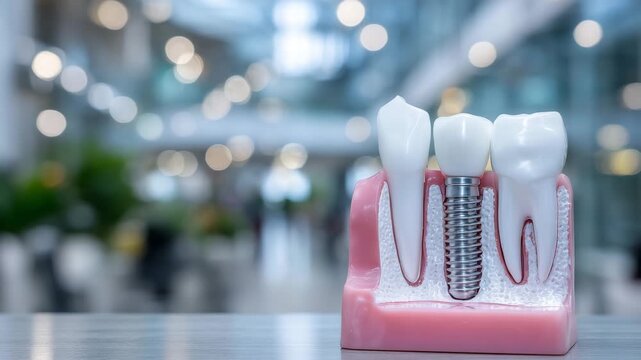 249Macro perspective of dentist presenting tooth model with implant, metal abutment gleaming, pink gum base rendered in high detail, bright clinic environment softly blurred behind
