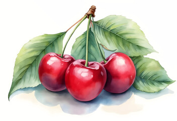 Three red cherries with glossy skin and green leaves rest gracefully together, highlighting their freshness and natural beauty on a light background.