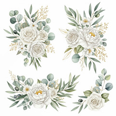 Beautiful floral designs featuring white roses and various shades of green leaves create a sophisticated atmosphere, perfect for weddings or special events.