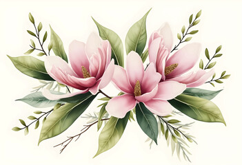 Three vibrant pink magnolia blossoms are arranged with lush green leaves in a harmonious composition, emphasizing the beauty of nature in a serene setting.