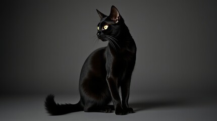 Sleek Black Cat Studio Portrait: Sophisticated indifference captured in a professional setting with graceful posture and dramatic lighting.