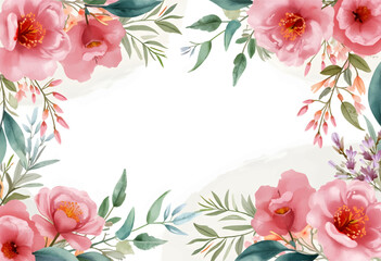 Vibrant floral border features soft pink blooms and delicate green leaves, creating a lively, inviting frame suitable for various occasions, such as invitations or thank you notes.