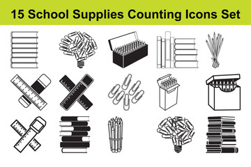Set of 15 school supplies counting icons in black and white vector illustrations