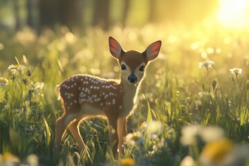 Baby deer standing in a summer meadow