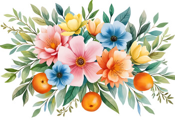 A stunning floral arrangement showcases a variety of colorful flowers including pink, blue, orange blooms along with green leaves and bright oranges, creating a lively atmosphere.