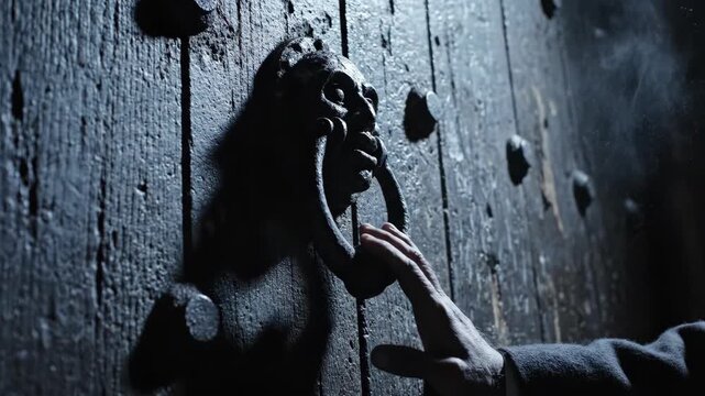 Knocking on the castle door, dark and mysterious, a stranger wants to enter the old fortress