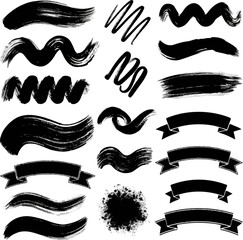 Various black brush strokes and banners are organized artistically. The diverse shapes and styles offer inspiration for creative designs in art, crafts, and graphic projects.