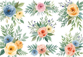 A collection of elegant floral designs showcases blue, pink, and yellow roses along with delicate greenery. These arrangements add charm and freshness to any decor.