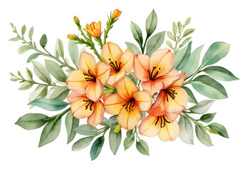 A beautiful arrangement features peach-colored lilies surrounded by fresh green leaves and delicate buds. Perfect for adding a touch of nature to any space.