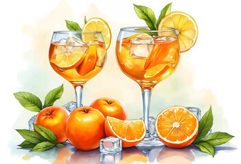 Two elegant glasses of orange cocktails filled with ice are surrounded by fresh oranges and mint leaves. The vibrant colors create a cheerful atmosphere perfect for summer.
