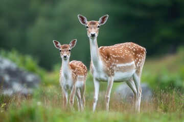 Two fallow deer, mother and fawn, in a grassy field