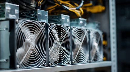 Rack-mounted server fans and power supply components filling the frame. A high-tech digital infrastructure cooling system maintains optimal operational temperatures and provides network stability.