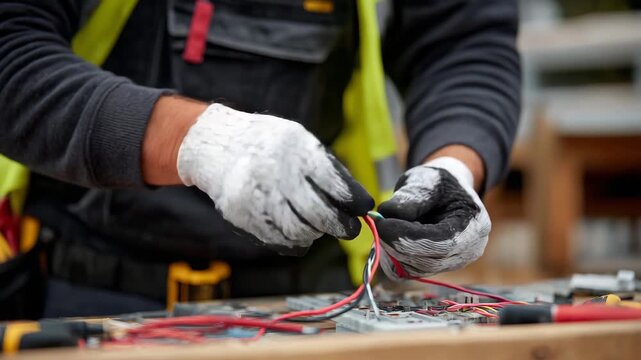 268Electrician&rsquo;s gloved hands connecting live wires to a socket safely, tools scattered on work surface, close-up view highlighting careful installation