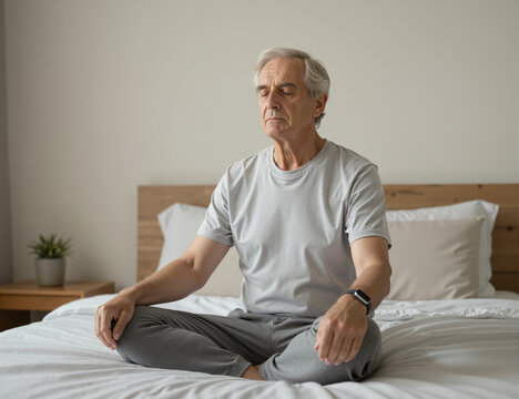An elderly man practicing meditation on a bed in a cozy bedroom, focusing on mindfulness and relaxation. The atmosphere is calm and tranquil, perfect for self-reflection and peace