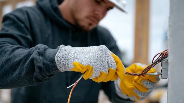 271Electrician fixing electrical outlet, safety gloves gripping wires, screws and small tools in focus, bright indoor lighting enhancing precision of work