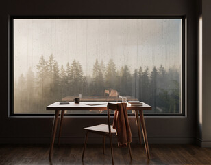 Fototapeta premium Serene and cozy minimal home office with desk facing large window. view shows foggy forest during gentle rain, creating peaceful and contemplative mood