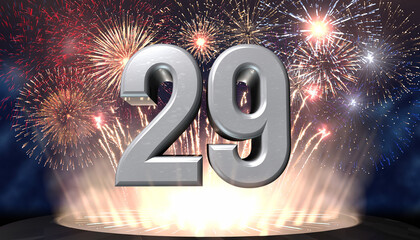 Silver number 29 with fireworks in the background. Festive scene for birthday or anniversary party