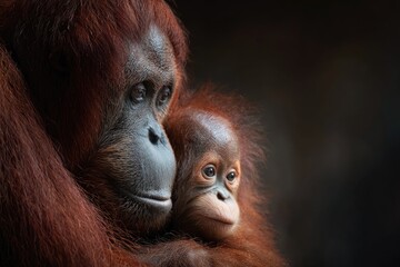 Close-up of orangutan mother and baby