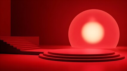 Futuristic red stage with mysterious glowing portal