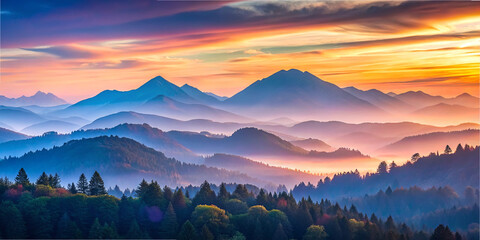Sunrise over mountain range with layers of hills and trees in the foreground