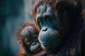 Close-up of orangutan mother and baby (1)
