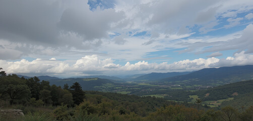 View of mountains and valleys with clouds in the sky during the day